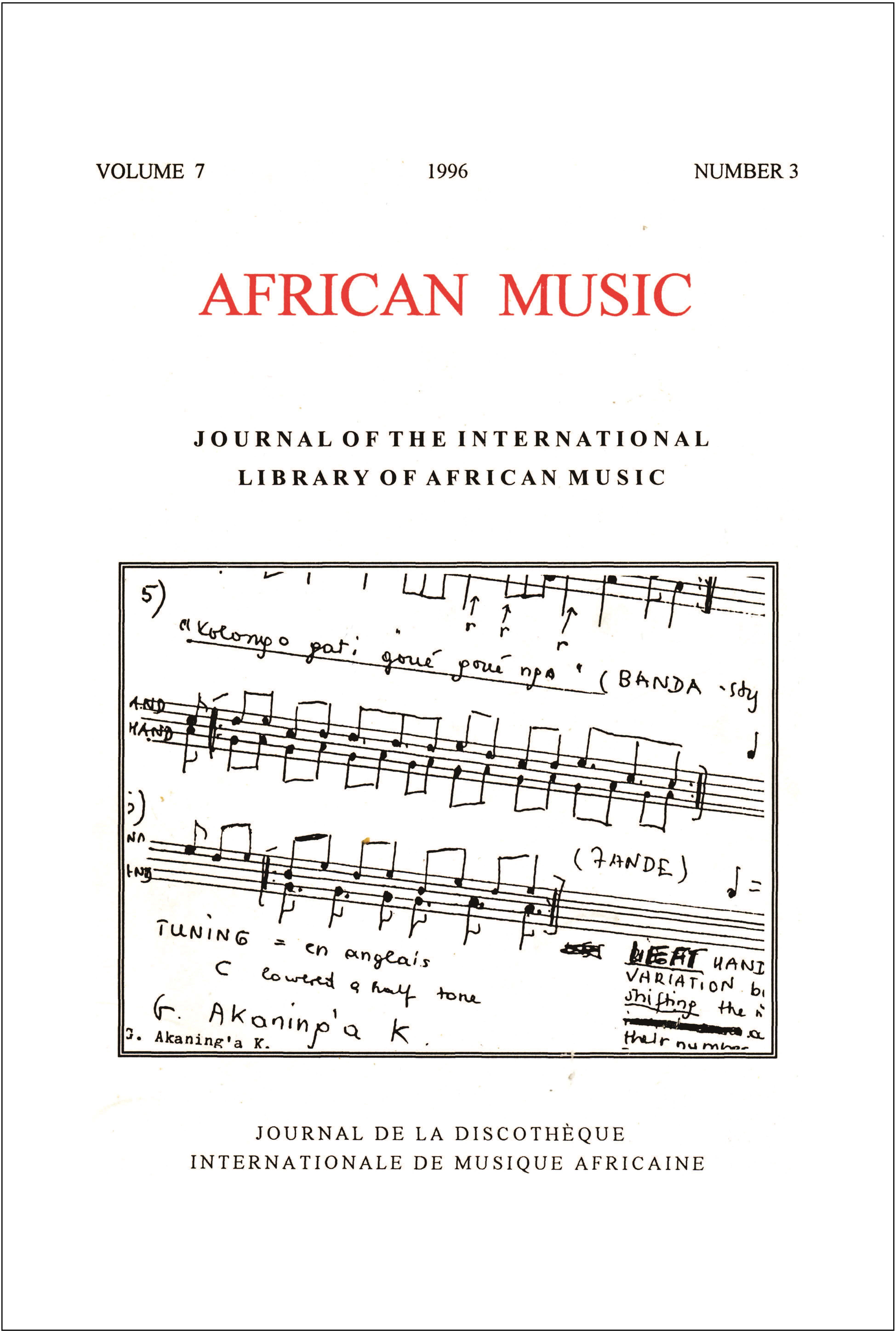 					View Vol. 7 No. 3 (1996): African Music: Journal of the International Library of African Music
				
