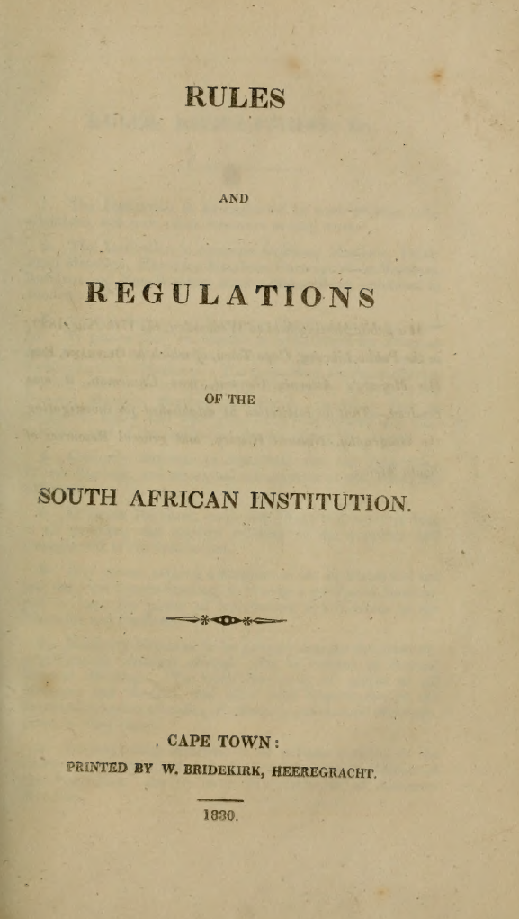Image of the cover page of the Rules and Regulations of the South African Institution