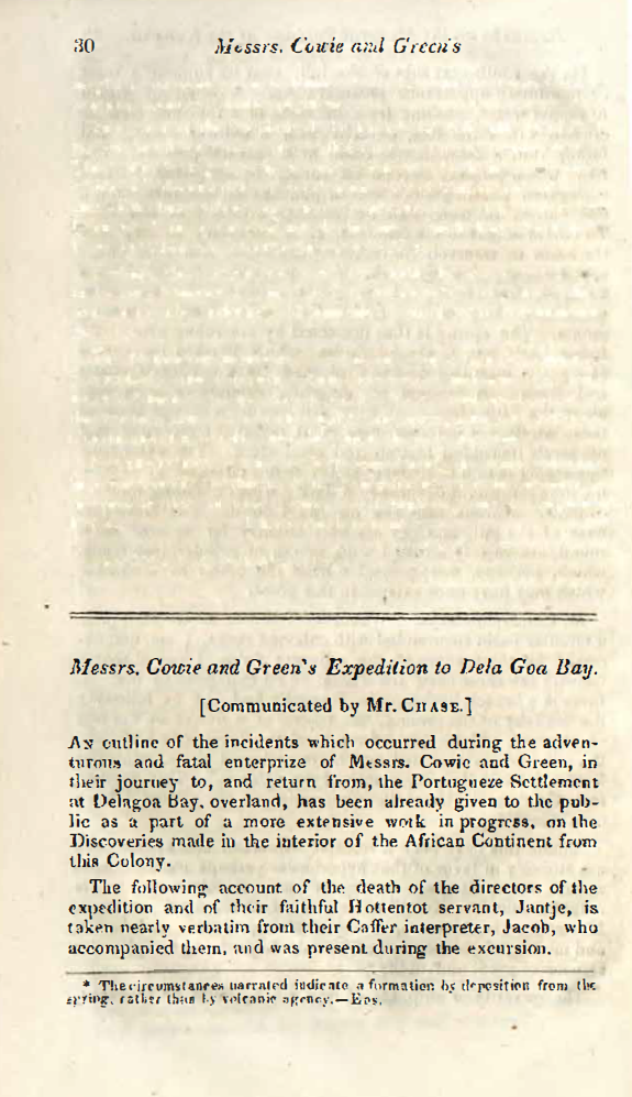 Image of first page of article titled Messrs. Cowie and Green's Expedition to Dela Goa Bay