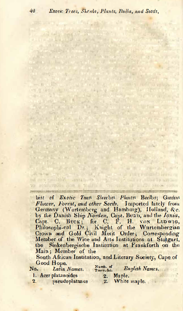 Fotst page of the article titled List of Exotic Trees, Shrubs, Plants, Bulbs; Garden, Flower, Forest, and other Seeds