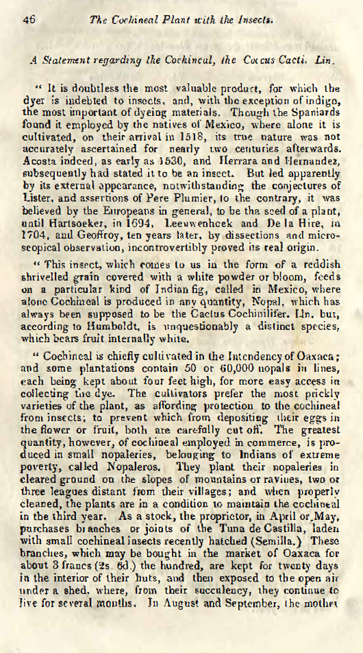 Image of first page of article titled A statement regarding the Cochineal, the Coccus Cacti. Lin.