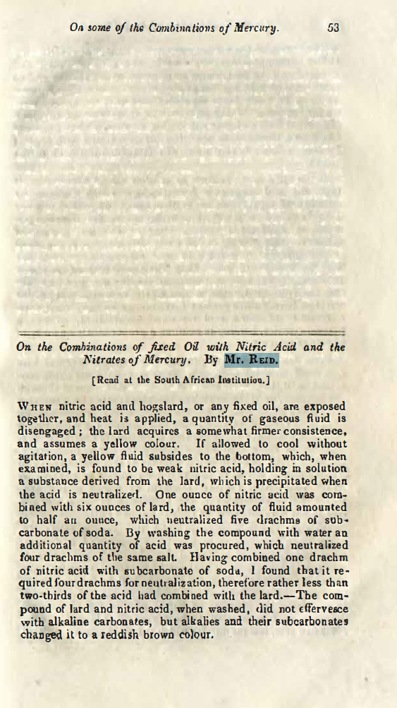 Image of the first page of the article titled: On the combinations of fixed oil with nitric acid and the nitrates of mercury