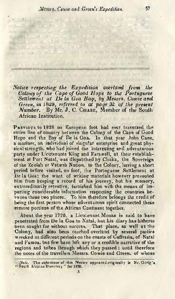 Image of the first page of the article titled Notice respecting the expedition overland from the Colony of the Cape of Good Hope to the Portuguese Stellement at De la Goa Bay