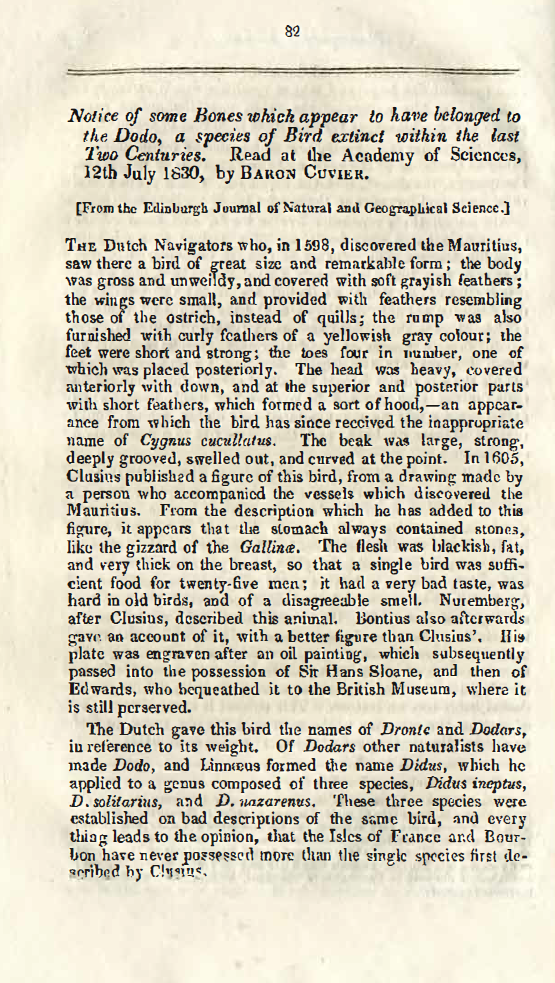 First page of the article titled Notice of some bones which appear to have belonged to the Dodo, a species of bird extinct within the last two centuries