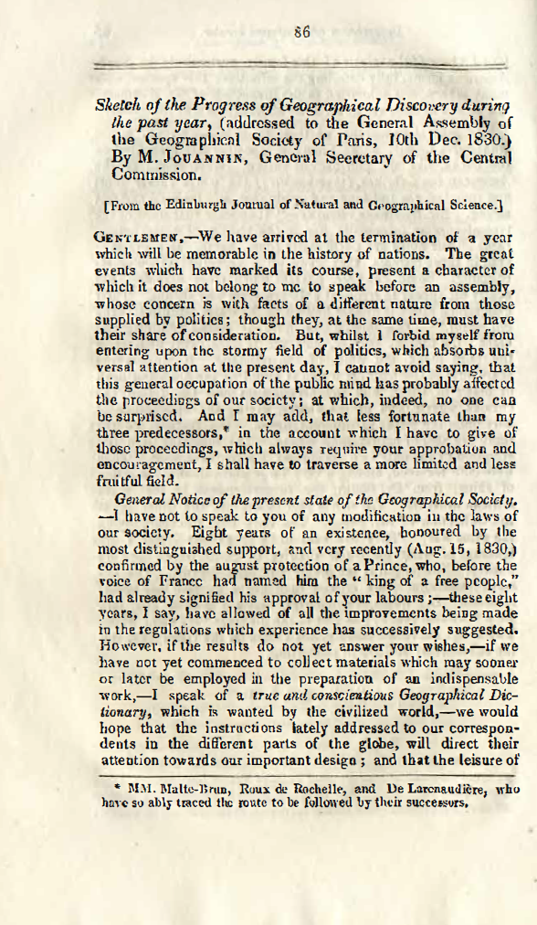 Image of the first page of the article titled Sketch of the progress of geographical discovery during the past year