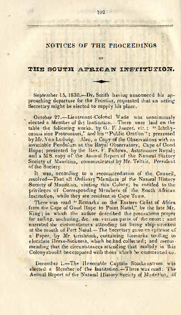 Image of the first page of the article titled Notice of the Proceedings of the South African Institution