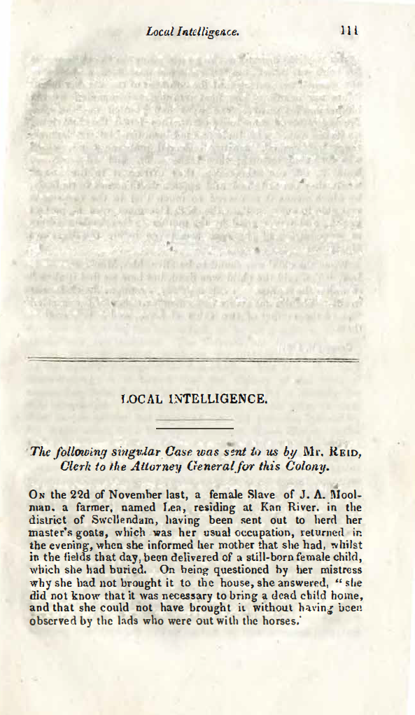 First page of article titled Local intelligence: the following singular case was sent to us by Mr. Reid, clerk to the Attorney General for this Colony
