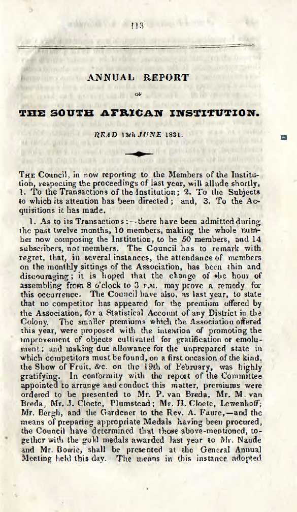 Image of the first page of the article titled Annual report of the South African Institution read 13th June 1831