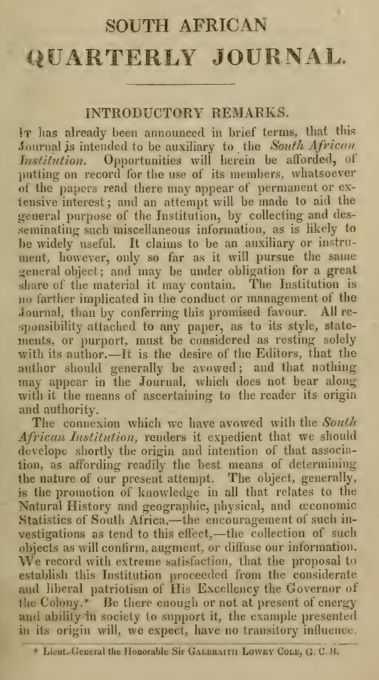 First page of the introductory remarks of the South African Quarterly Journal