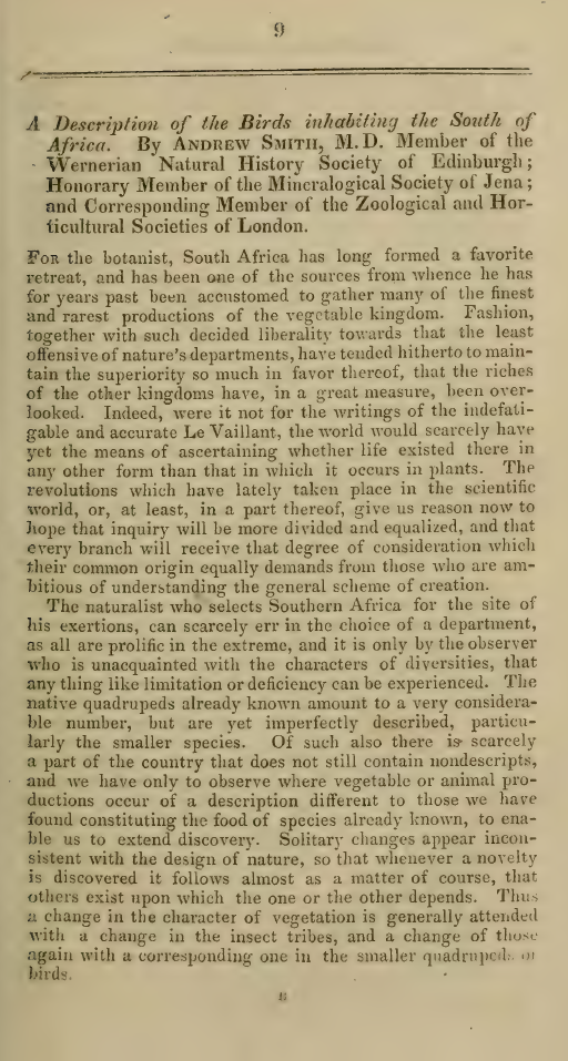 First page of the article titled Description of the birds inhabiting the south of Africa