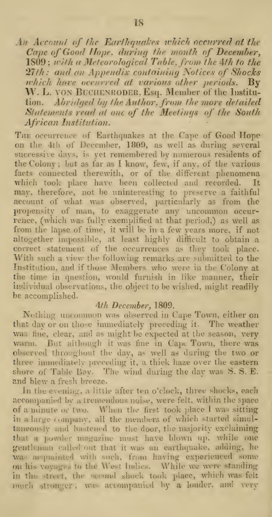First page of the article titled An account of the earthquakes which occurred at the Cape of Good Hope, during the month of December, 1809