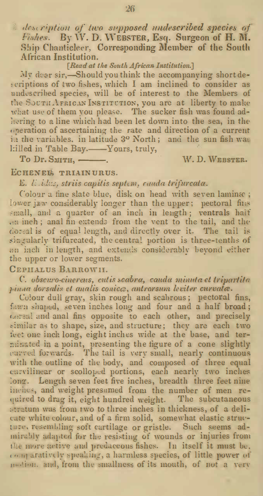 First page ofthe article titled A description of two supposed undescribed species of fishes