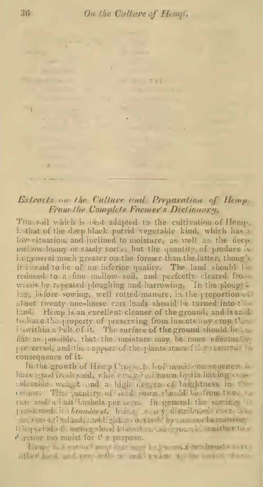 Image of the first page of the article titled Extracts on the the culture and preparation of hemp from the Complete Farmer's Dictionary
