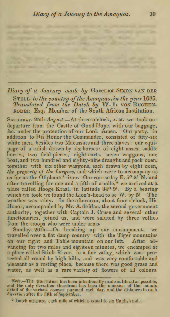 Image of the first page of the article titled Diary of a journey made by Governor Simon van der Stell