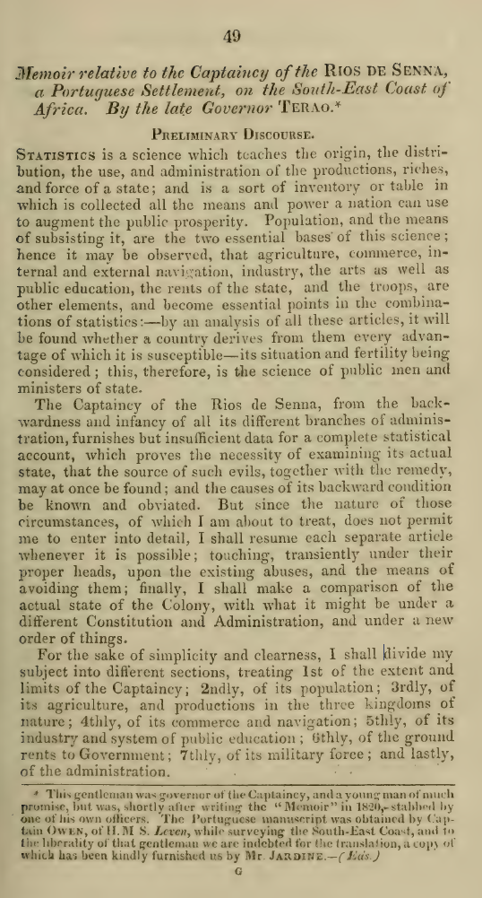 Image of first page of the article titled Memoir relative to the Captaincy of the Rios de Senna, a Portuguese Settlement, on the South-East Coast of Africa