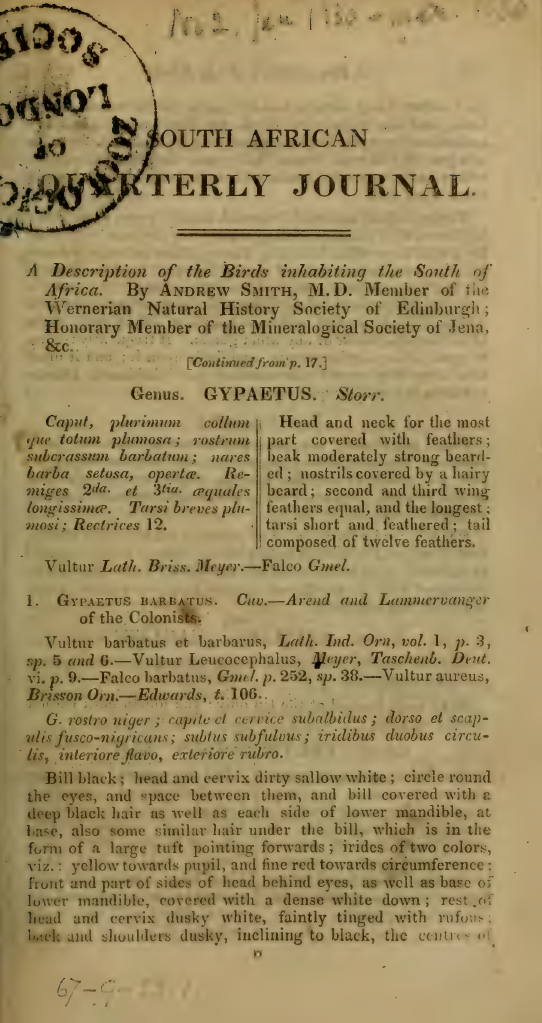 Image of first page of the article titled Description of the birds inhabiting the South of Africa