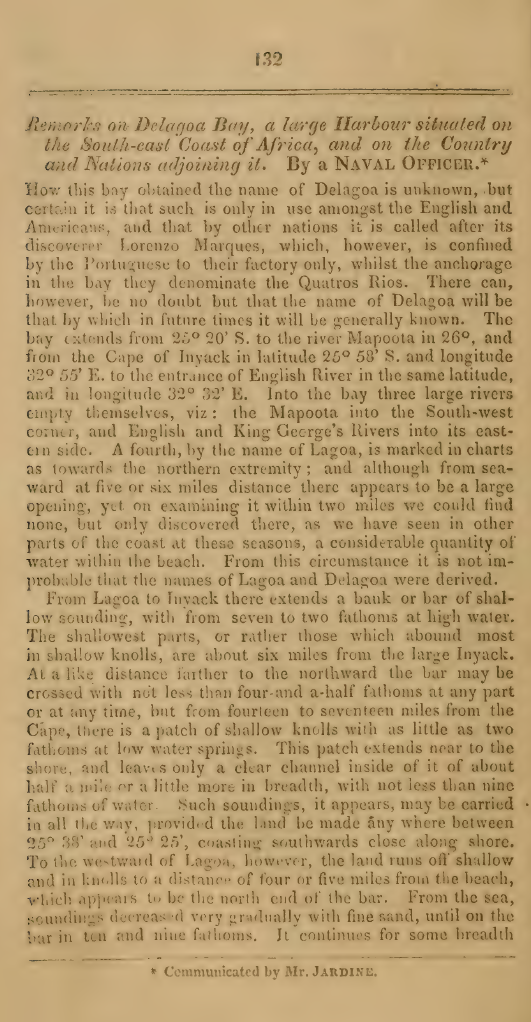 Image of the first page of the article titled Remarks on Delagoa Bay, a large harbour situated on the south-east coast of Africa