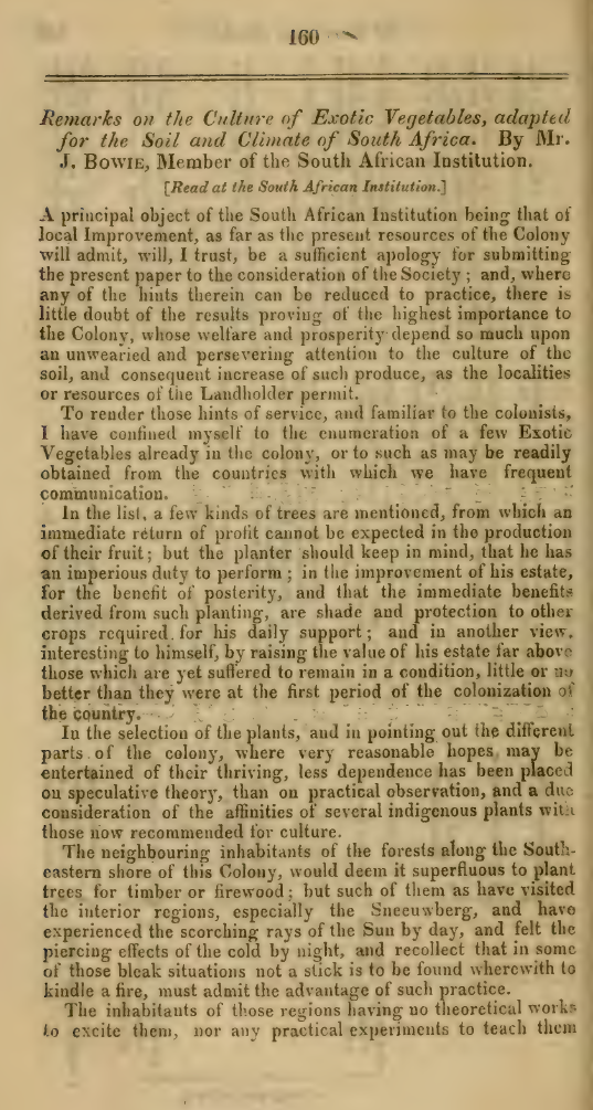 Image of the first page of the article titled Remarks on the culture of exotic vegetables, adapted for the soil and climate of South Africa