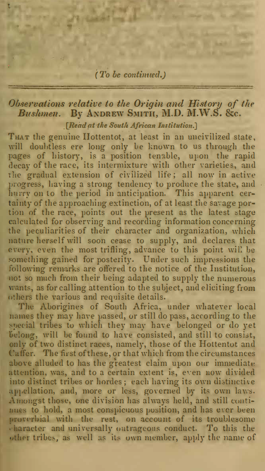 Image of the first page of the article titled Observations relative to the origin and history of the Bushmen