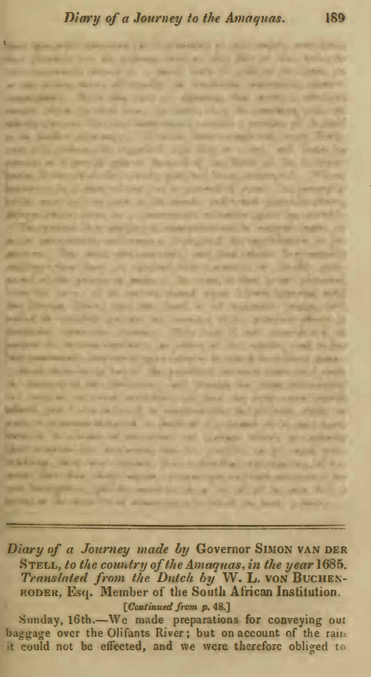Image of the first page of the article (part 2) titled Diary of a journey made by Governor Simon van der Stell, to the country of the Amaquas, in the year 1685