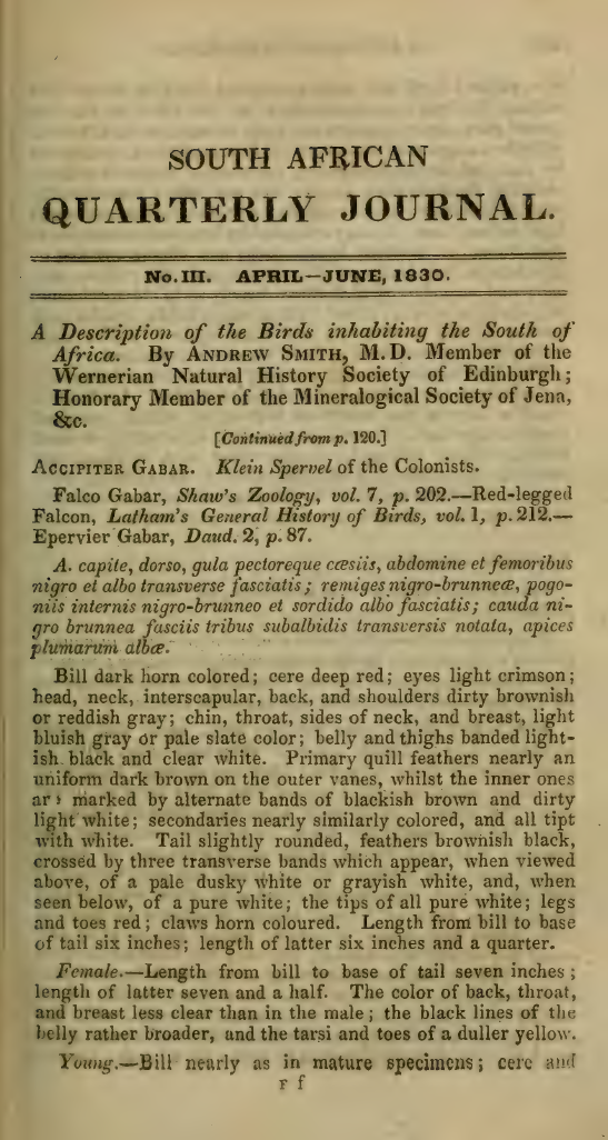 Image of te first page of the article titled A description of the birds inhabiting the south of Africa