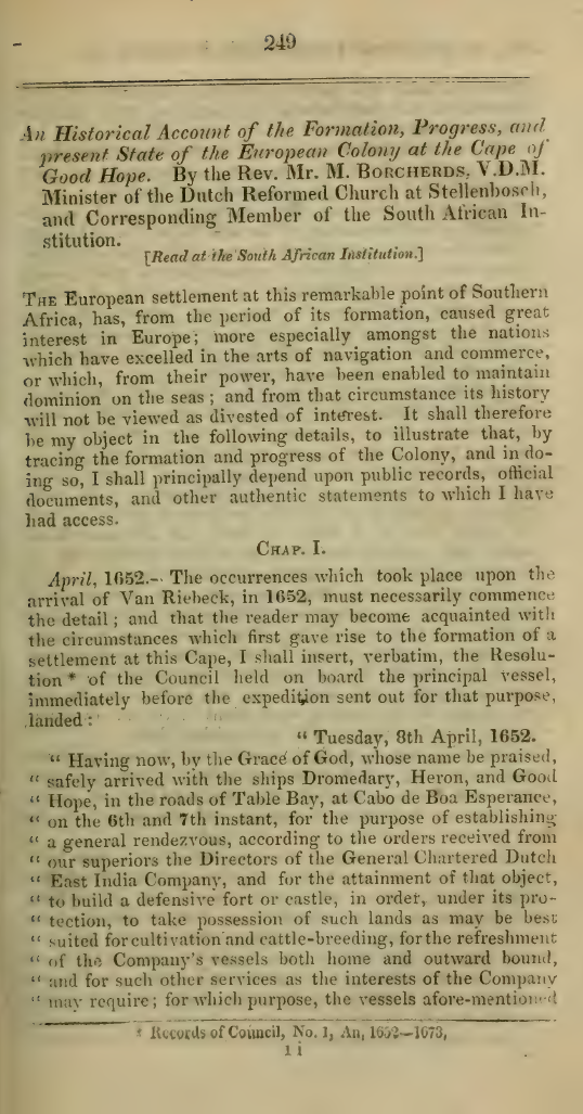 Image of the first page of the article titled An historical account of the formation, progress, and present state of the European Colony at the Cape of Good Hope