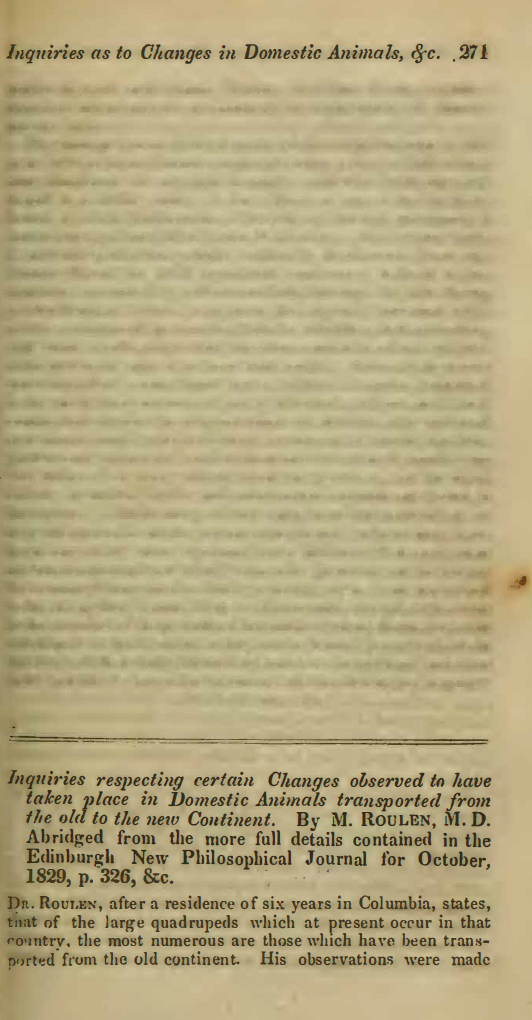 Image of the first page of the article titled nquiries respecting certain changes observed to have taken place in domestic animals transported from the old to the new Continent