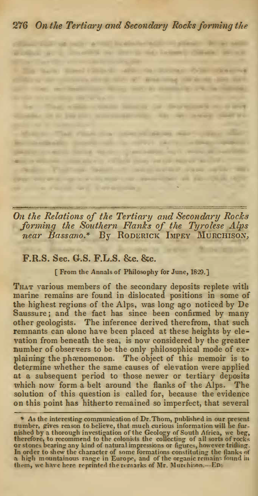 Image of the first page of the article titled On the relations of the tertiary and secondary rocks forming the southern flanks of the Tyrolese Alps near Bassano