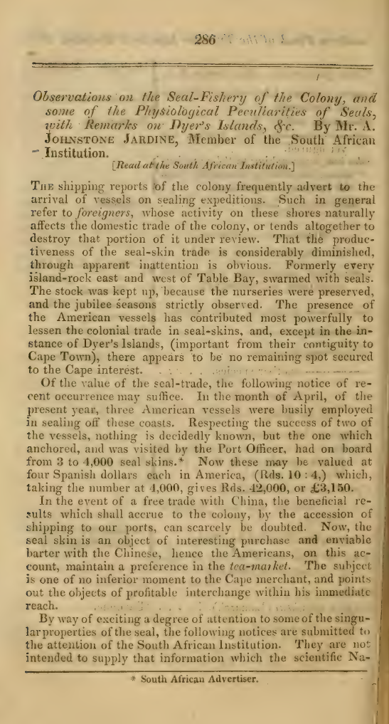 Image of the first page of the article titled Observations on the seal-fishery of the Colony
