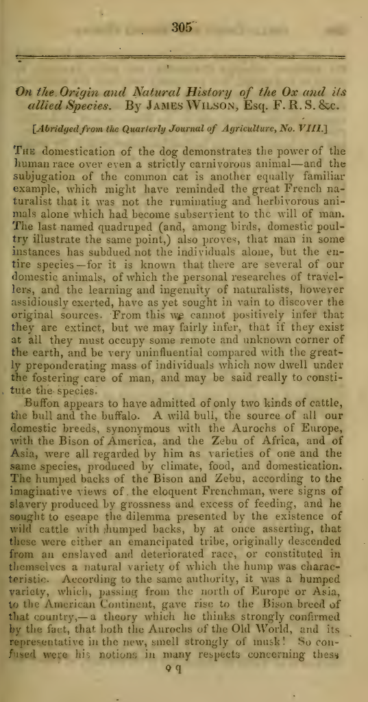 Image of the first page of the article titled On the origin and natural history of the ox and its allied species