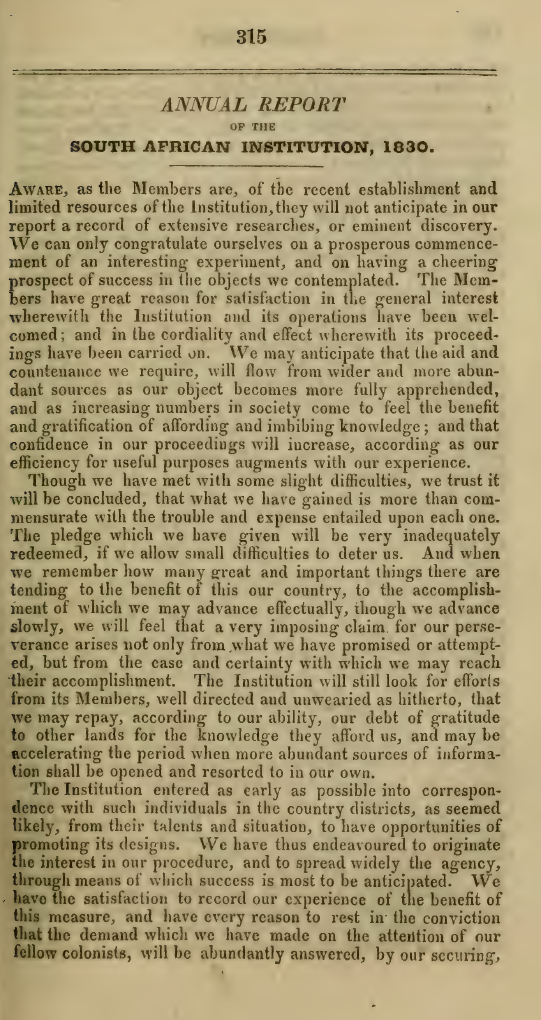 Ia=mage of the first page of the Annual Report of the South African Institution, 1830