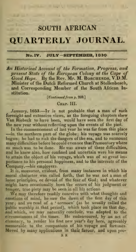 Image of the first page of the article titled An historical account of the formation, progress, and present state of the European Colony at the Cape of Good Hope