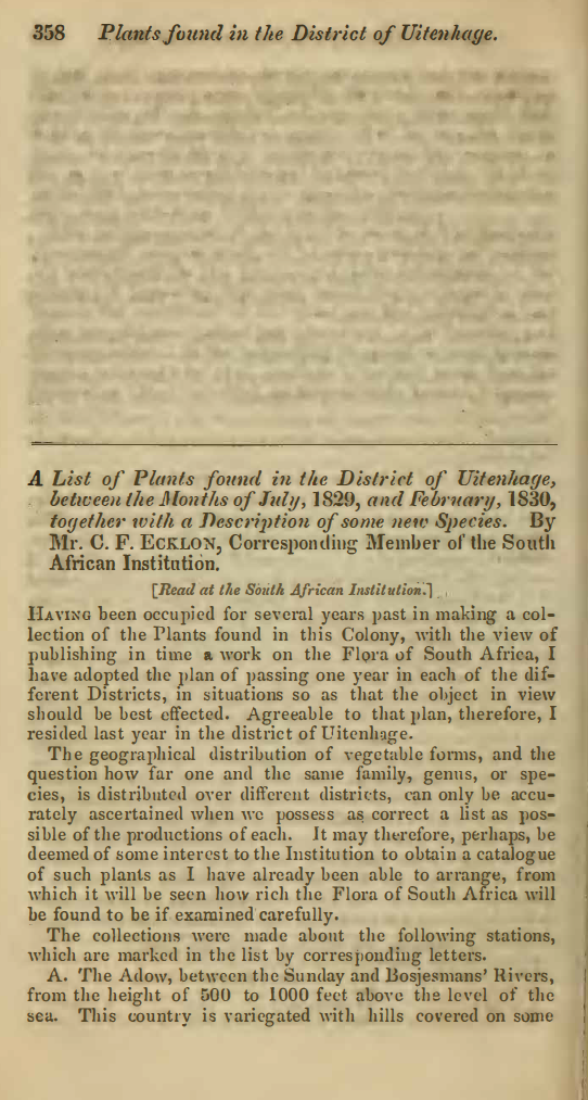 Image of the first page of the article titled A list of plants found in the District of Uitenhage, between the months of July, 1829, and February, 1830,