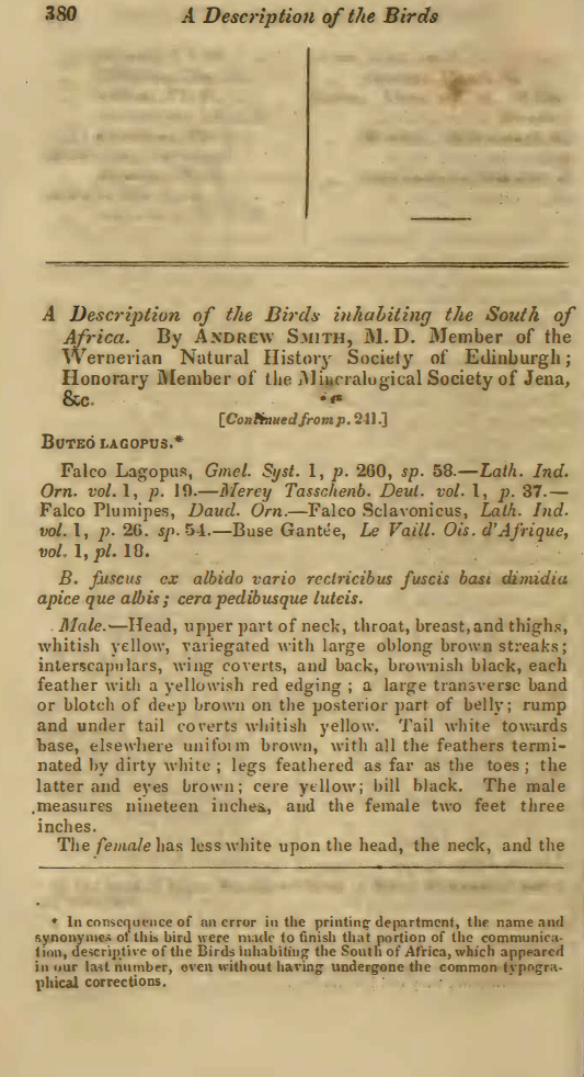 Image of the first page of the article titled A description of the birds inhabiting the south of Africa