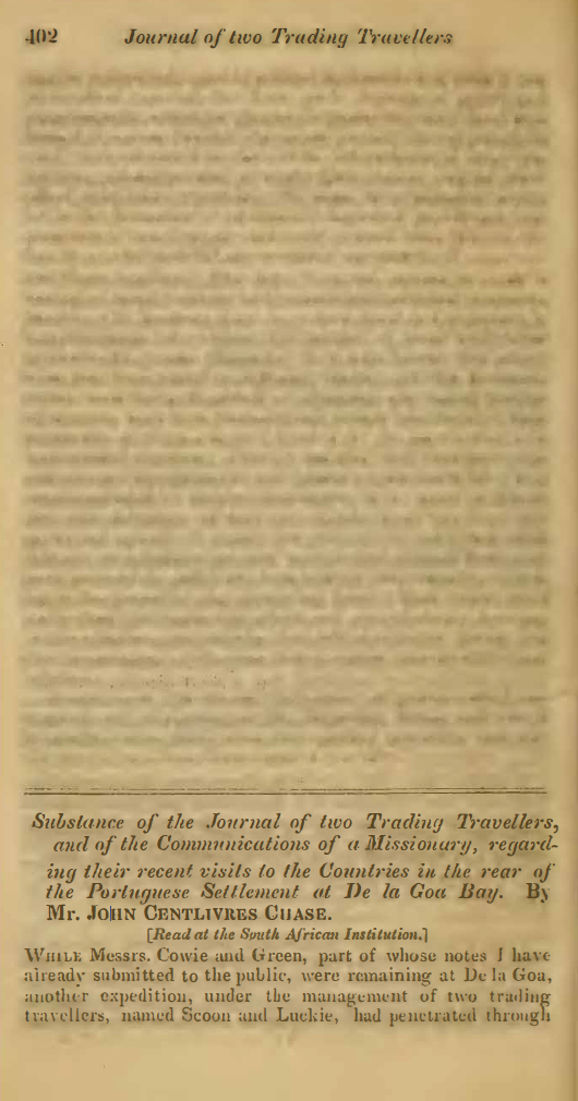 Image of the first page of the article titled Substance of the journal of two trading travellers, and of the communications of a missionary