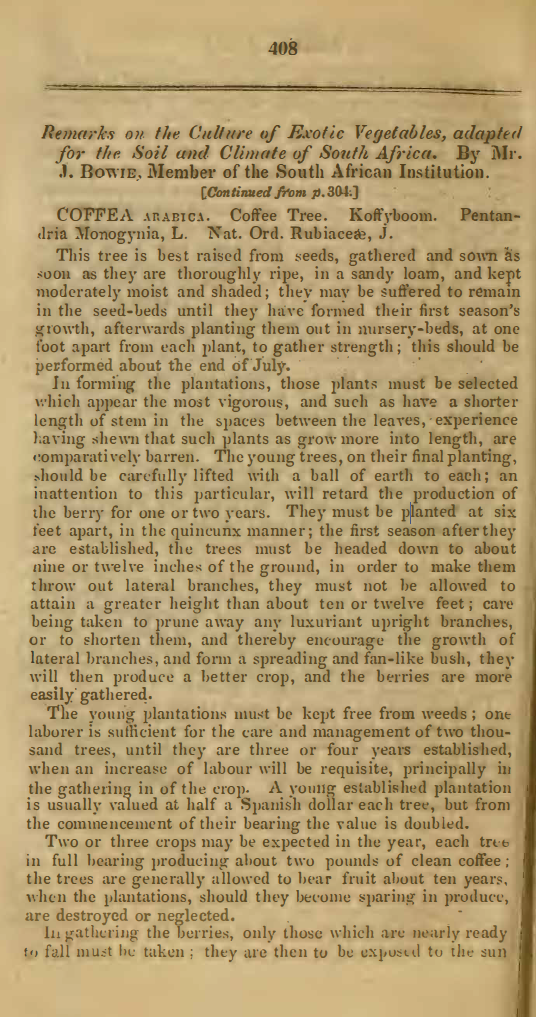 Image of the first page of the article titled Remarks on the culture of exotic vegetables, adapted for the soil and climate of South Africa