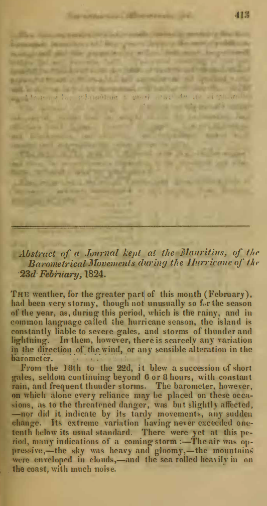 Image of the first page of the article titled Abstract of a journal kept at the Mauritius, of the barometrical movements during the hurricane of the 23d February, 1824
