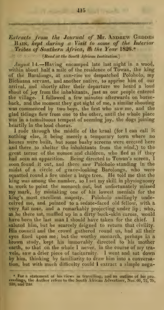 Image of the first page of the article titled Extracts from the journal kept during a visit to some of the interior tribes of southern Africa, in the year 1826
