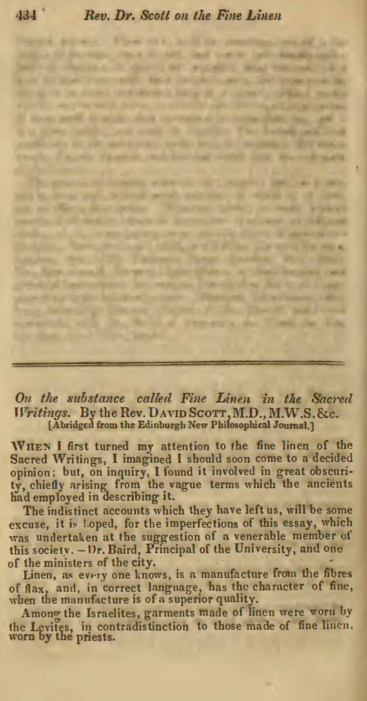 Image of the first page of the article titled On the substance called “Fine Linen” in the Sacred Writings