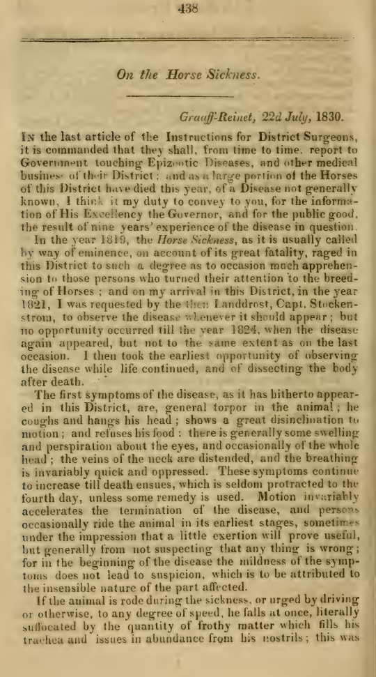 Image of the first page of the article titled On the horse sickness