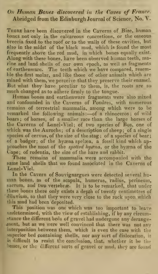 Image of the first page of the article titled On human Bones discovered in the caves of France