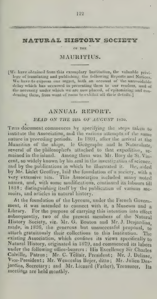 Image of the first page of the article titled Natural History Society of the Mauritius