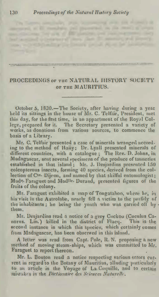 Image of the first page of the Proceedings of the Natural History Society of the Mauritius