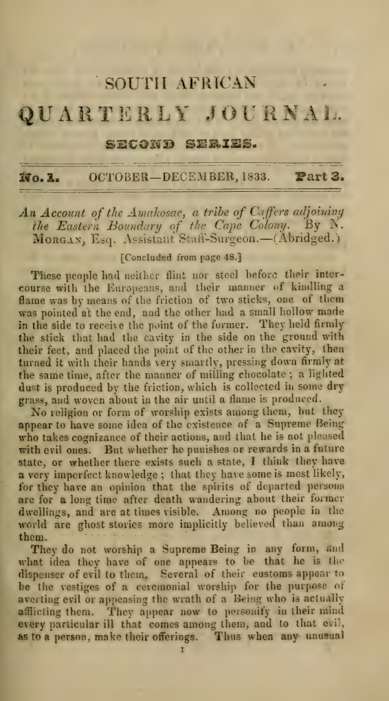 Image of the first page of the article titled An account of the Amakosae, a tribe of Caffers adjoining the Eastern Boundary of the Cape Colony