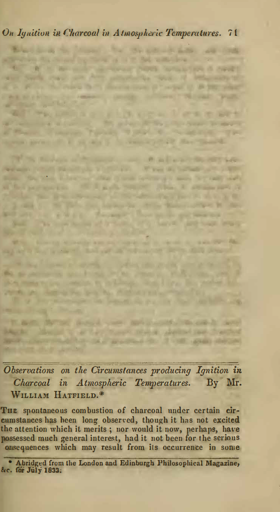 Image of the first page of the article titled Observations on the circumstances producing ignition in charcoal in atmospheric temperatures